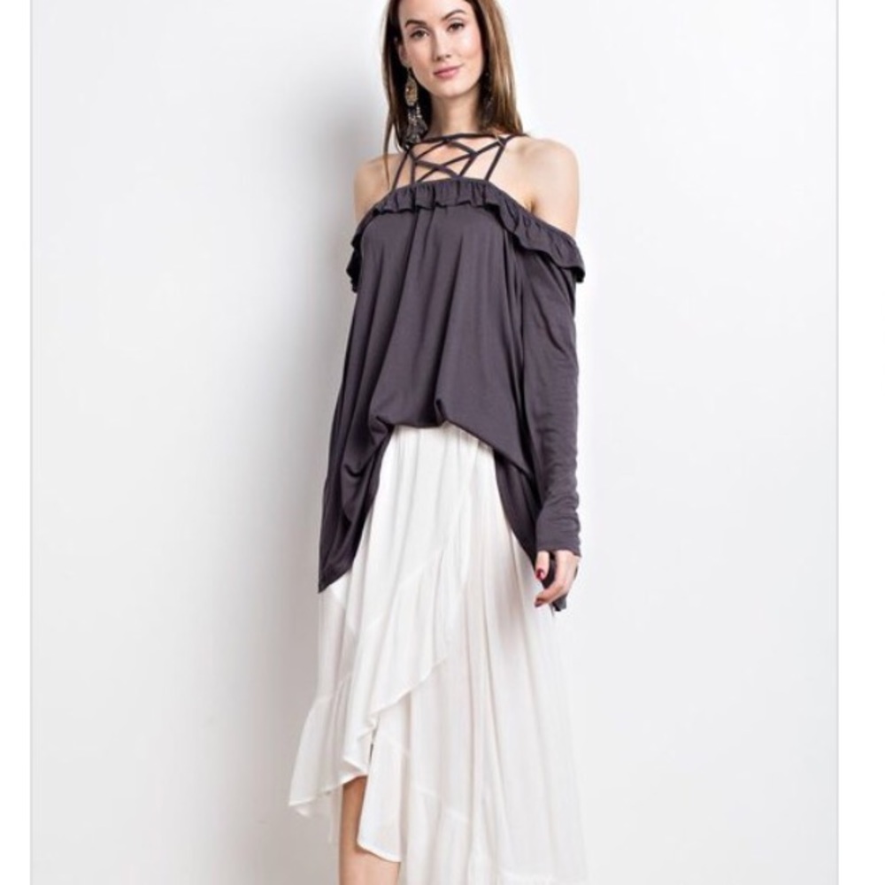 Graphite lace up ruffle top - Picture 2 of 5
